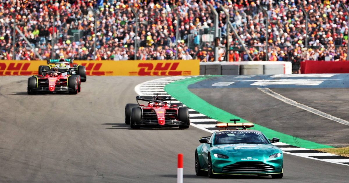 Charles Leclerc heads the field behind the Safety Car. Silverstone July 2022.