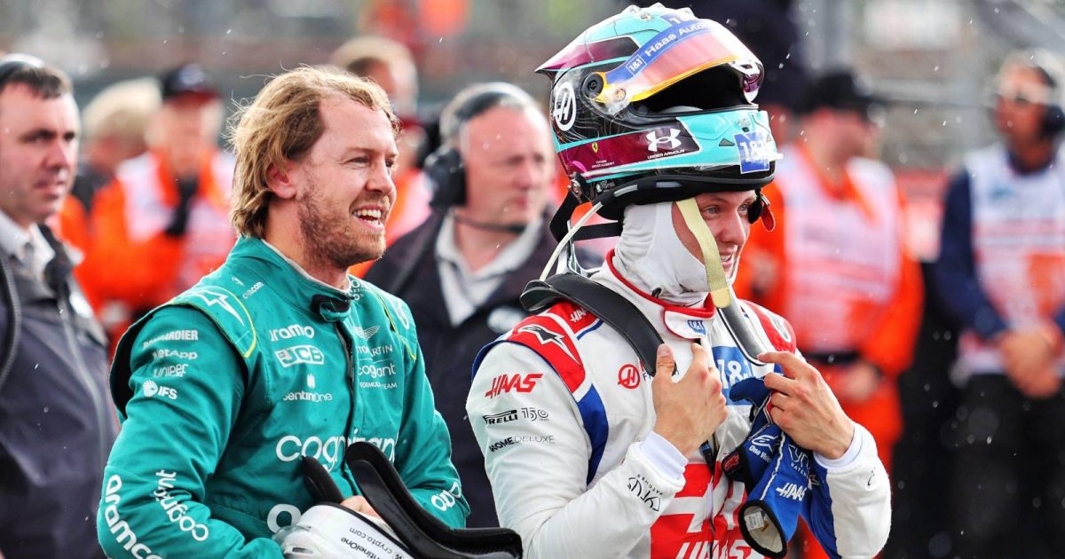 Sebastian Vettel with Mick Schumacher after the British GP. Silverstone July 2022.