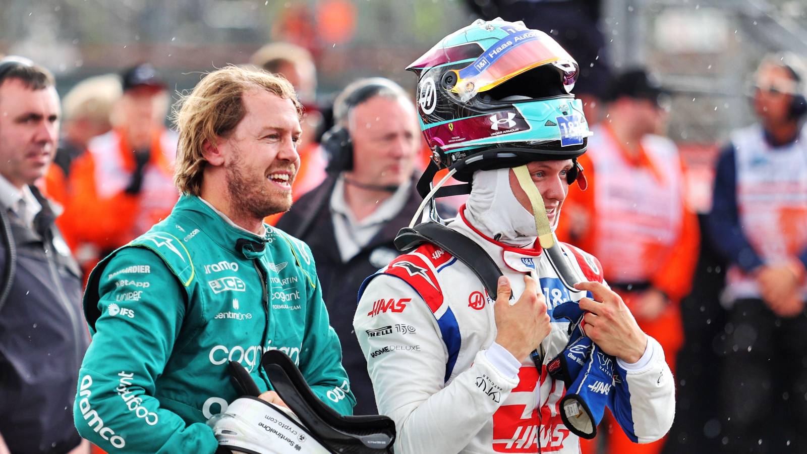 Sebastian Vettel with Mick Schumacher after the British GP. Silverstone July 2022.