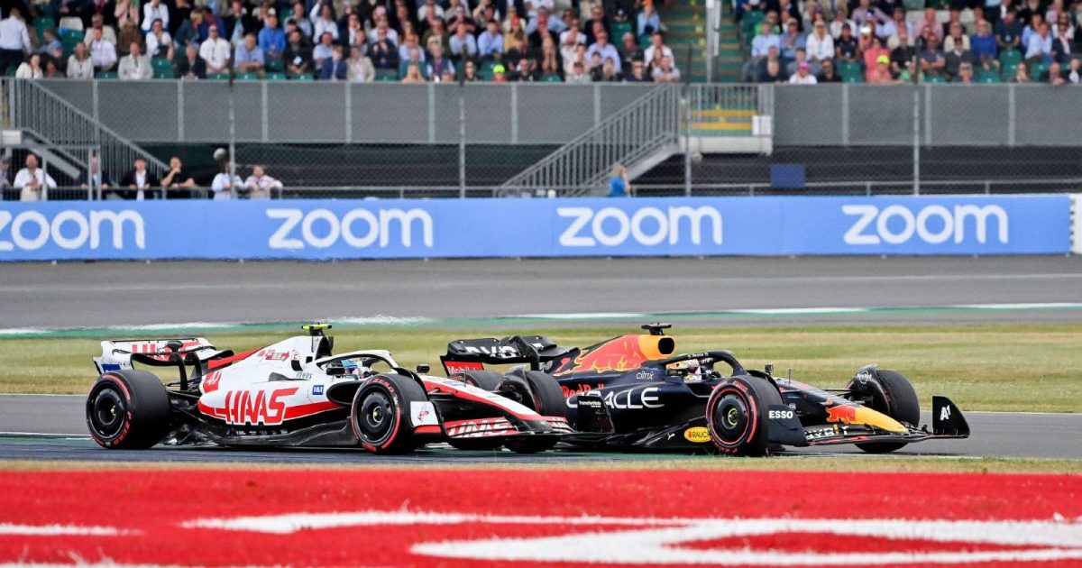 Mick Schumacher battling with Max Verstappen at the British GP. Silverstone July 2022.