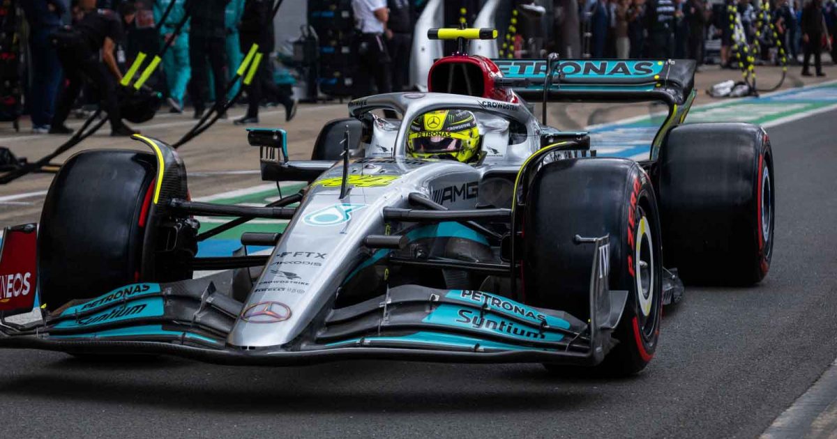 Mercedes driver Lewis Hamilton in the pit lane. Silverstone July 2022.