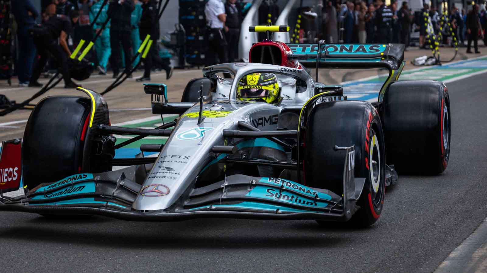 Mercedes driver Lewis Hamilton in the pit lane. Silverstone July 2022.