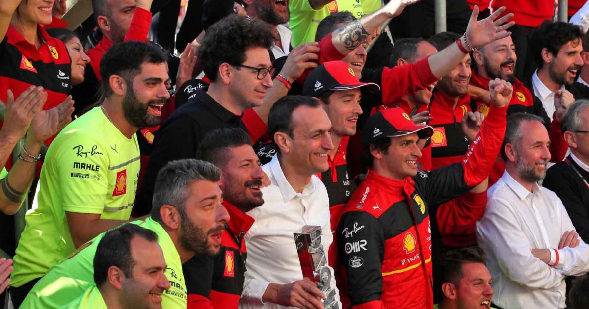 Ferrari celebrate their victory. Silverstone July 2022.