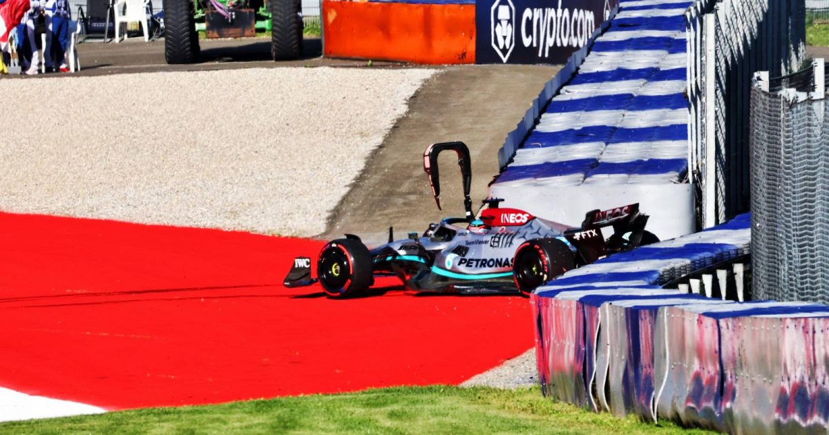 George Russell, Mercedes, crashes out of qualifying. Austria, July 2022.
