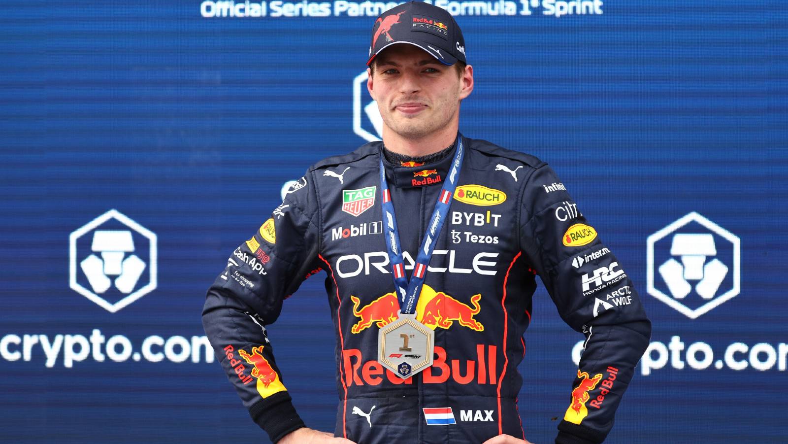 Max Verstappen wearing the sprint winner's medal at the Austrian GP. Red Bull Ring July 2022.