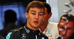 George Russell in the Mercedes garage. Red Bull Ring July 2022.