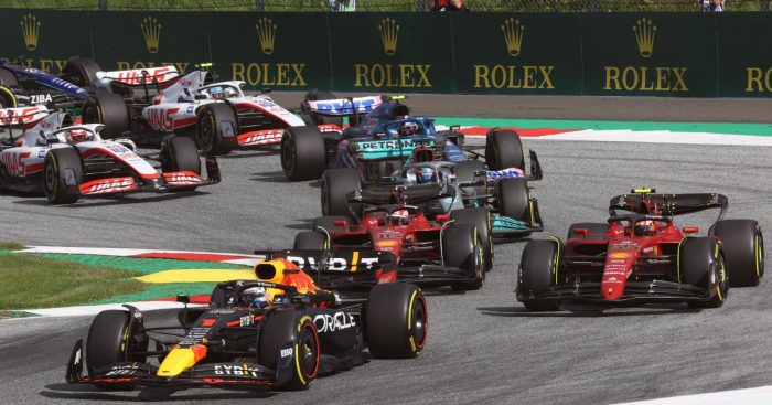 Max Verstappen leads at the start of the Austrian GP sprint. Red Bull Ring July 2022.