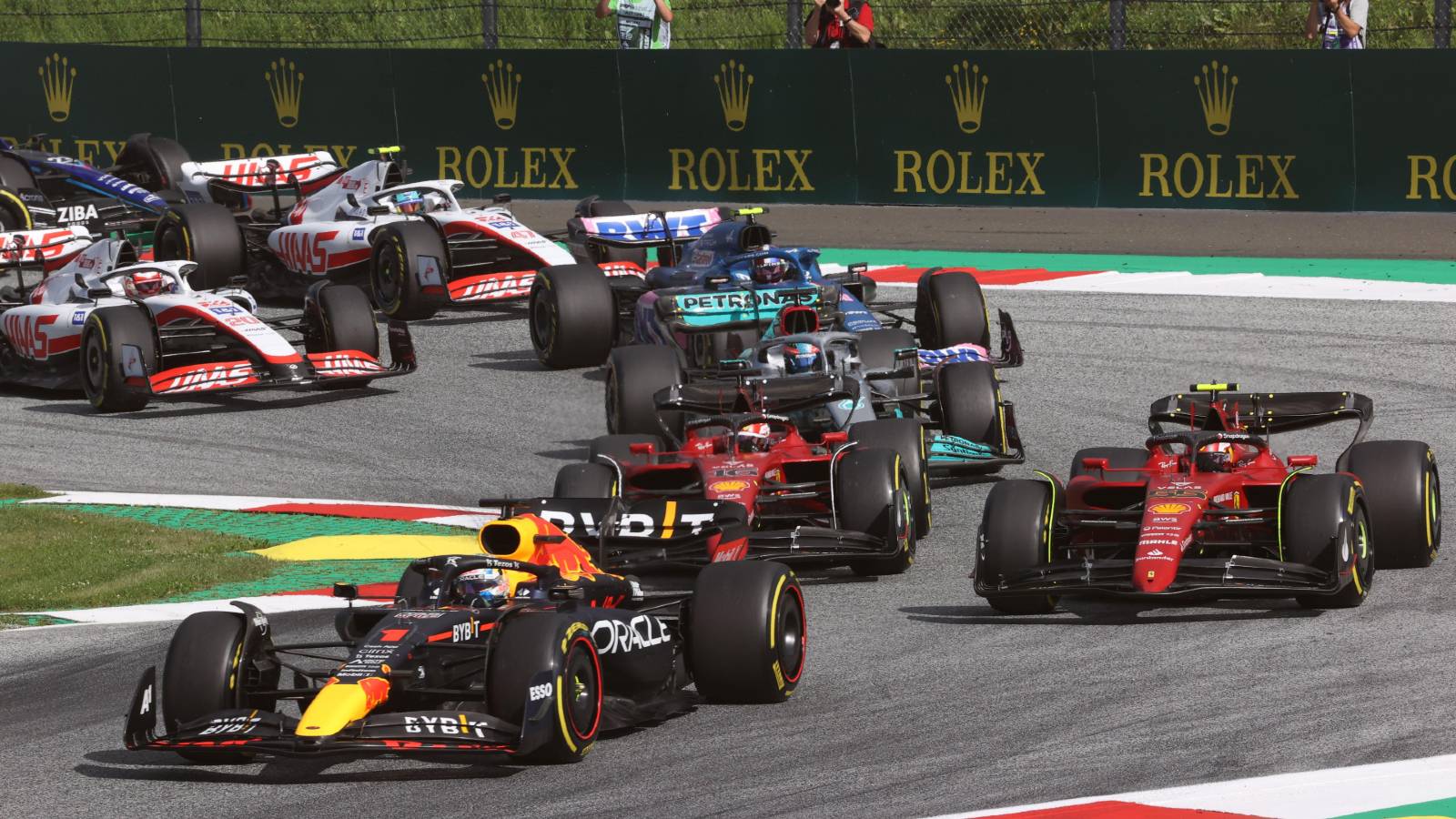 Max Verstappen leads at the start of the Austrian GP sprint. Red Bull Ring July 2022.