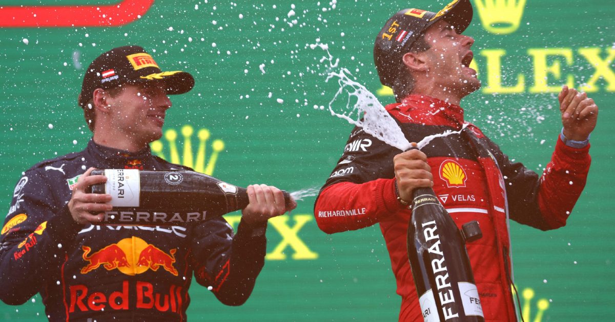 Red Bull's Max Verstappen and Ferrari's Charles Leclerc on the podium at the Austrian Grand Prix. Spielberg, July 2022.