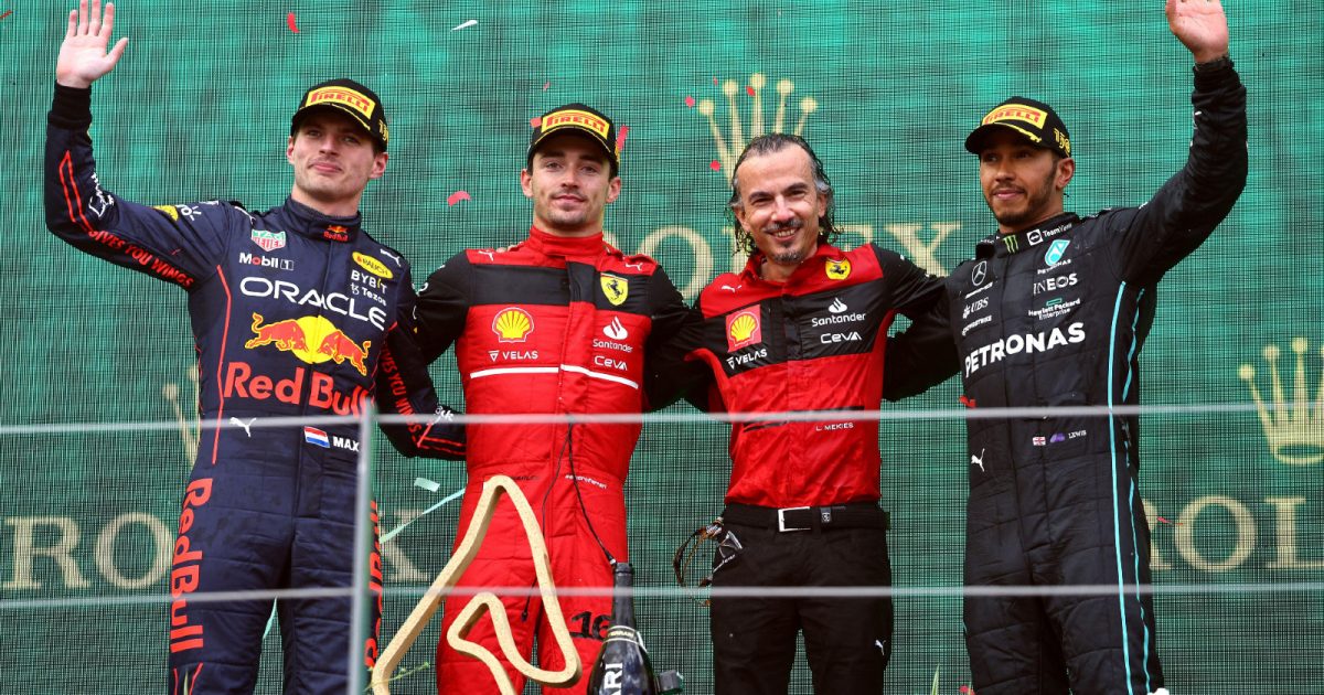 Ferrari's Charles Leclerc, Red Bull's Max Verstappen, and Mercedes' Lewis Hamilton on the podium at the Austrian Grand Prix. Spielberg, July 2022.