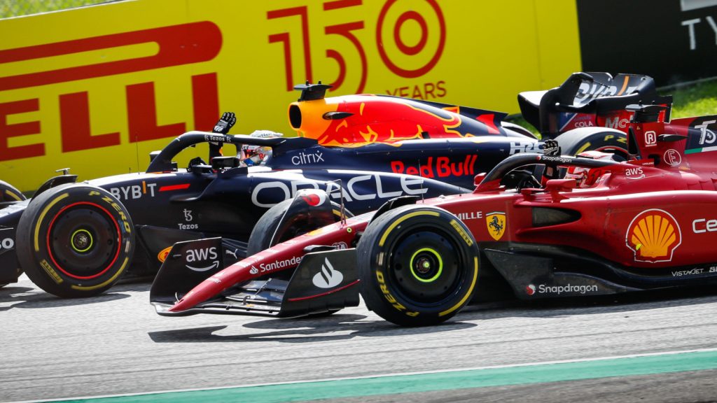 Max Verstappen and Charles Leclerc waving to the fans. Austria July 2022