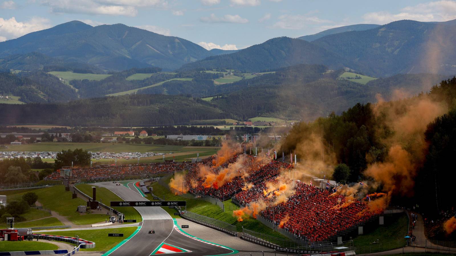 Flares being let off in Austrian GP grandstands. Red Bull Ring July 2022.