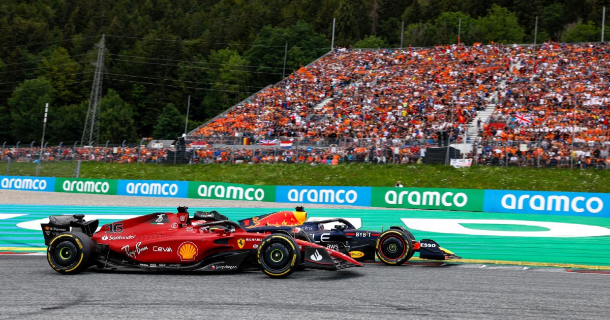 Ferrari's Charles Leclerc and Red Bull's Max Verstappen battle at the Austrian Grand Prix. Spielberg, July 2022.