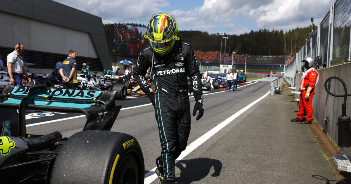 Lewis Hamilton looking at the rear of his Mercedes W13. Austria July 2022