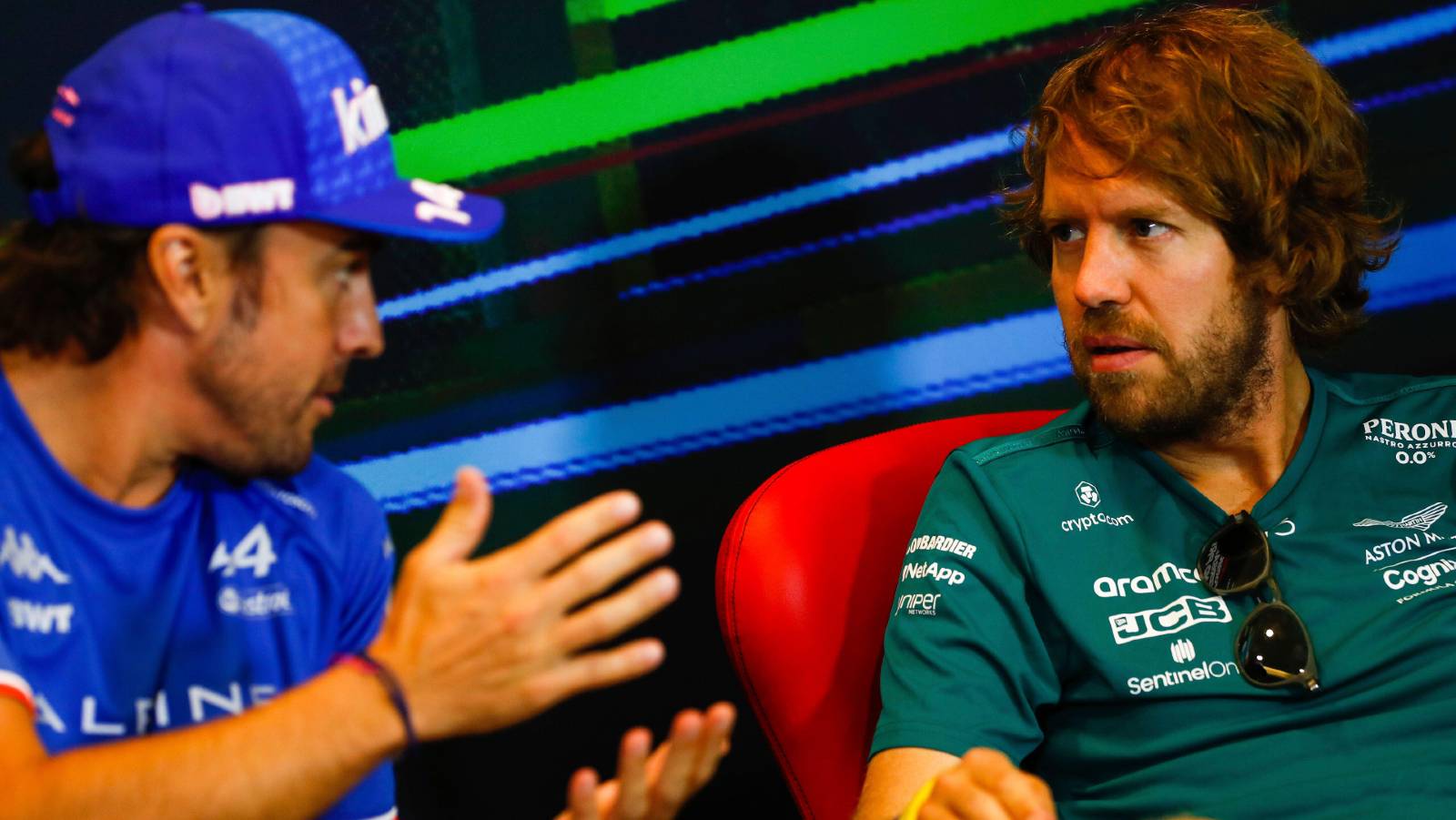 Fernando Alonso making a point to Sebastian Vettel. Baku June 2022.