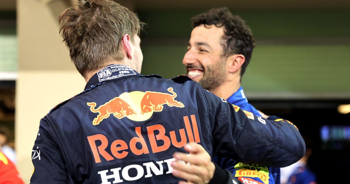 Race winner and World Champion Max Verstappen celebrates with Daniel Ricciardo in parc ferme. Abu Dhabi December 2021