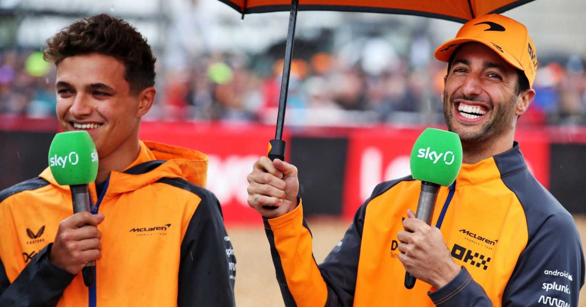 Lando Norris and Daniel Ricciardo smile. Silverstone July 2022.