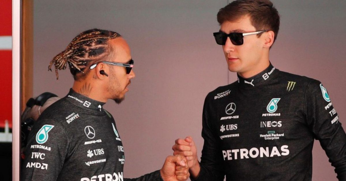 Fist bump between Lewis Hamilton and George Russell. Spain May 2022