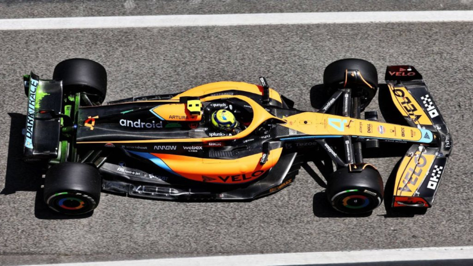Lando Norris, McLaren, with flo vis paint on rear wing. Spain May 2022