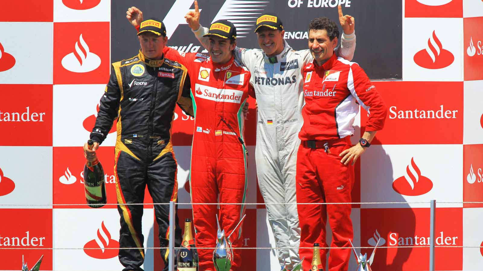 Kimi Raikkonen, Fernando Alonso and Michael Schumacher. Valencia 2012.