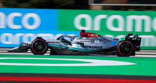 George Russell, Mercedes, on track during French Grand Prix. July 2022.