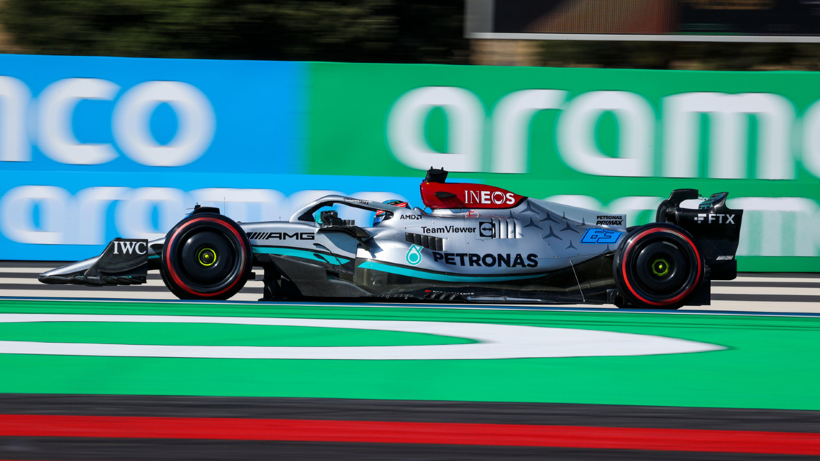 George Russell, Mercedes, on track during French Grand Prix. July 2022.
