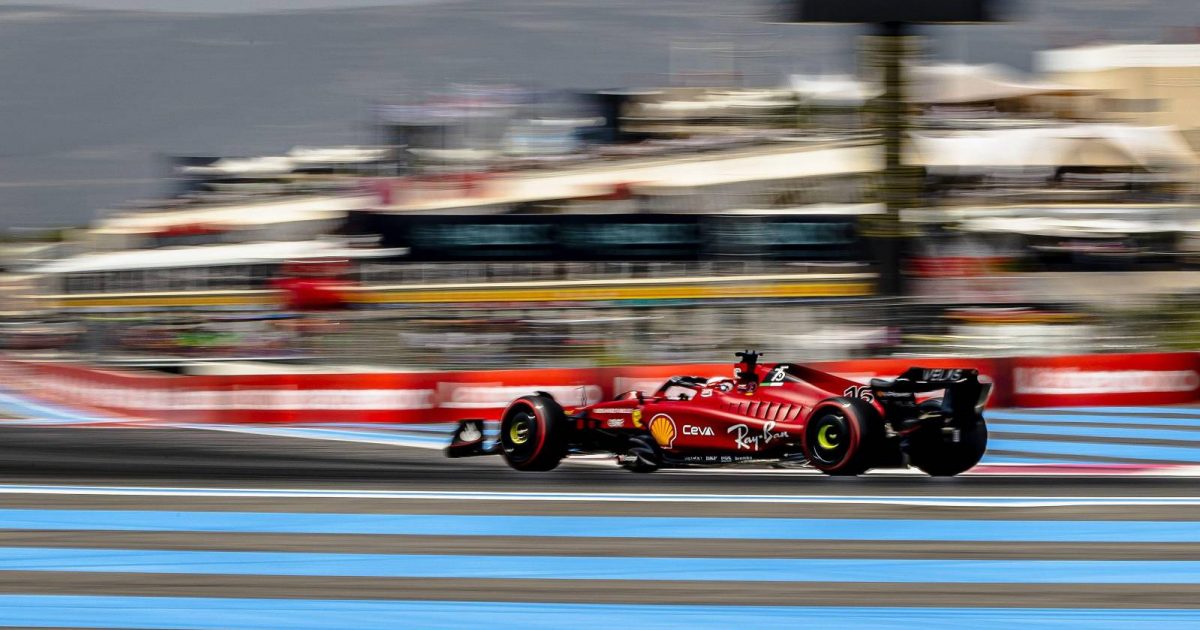 Charles Leclerc's Ferrari takes the final corner at Paul Ricard. Le Castellet July 2022.