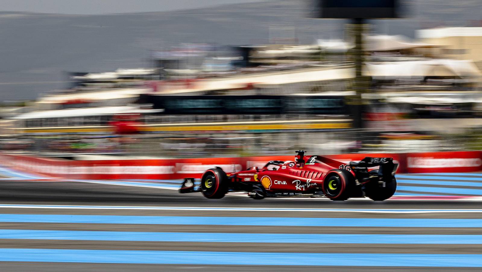 Charles Leclerc's Ferrari takes the final corner at Paul Ricard. Le Castellet July 2022.