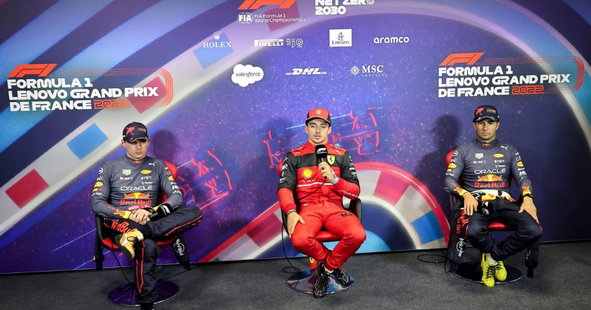 Charles Leclerc, Max Verstappen and Sergio Perez at the French GP qualifying press conference. Paul Ricard July 2022.