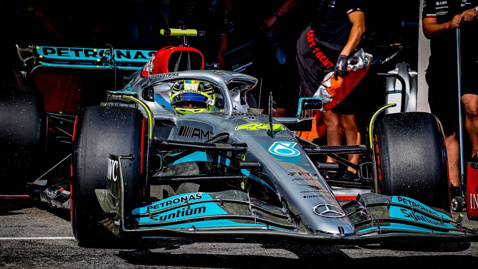 Lewis Hamilton pulls out of the garage, visor up. France July 2022