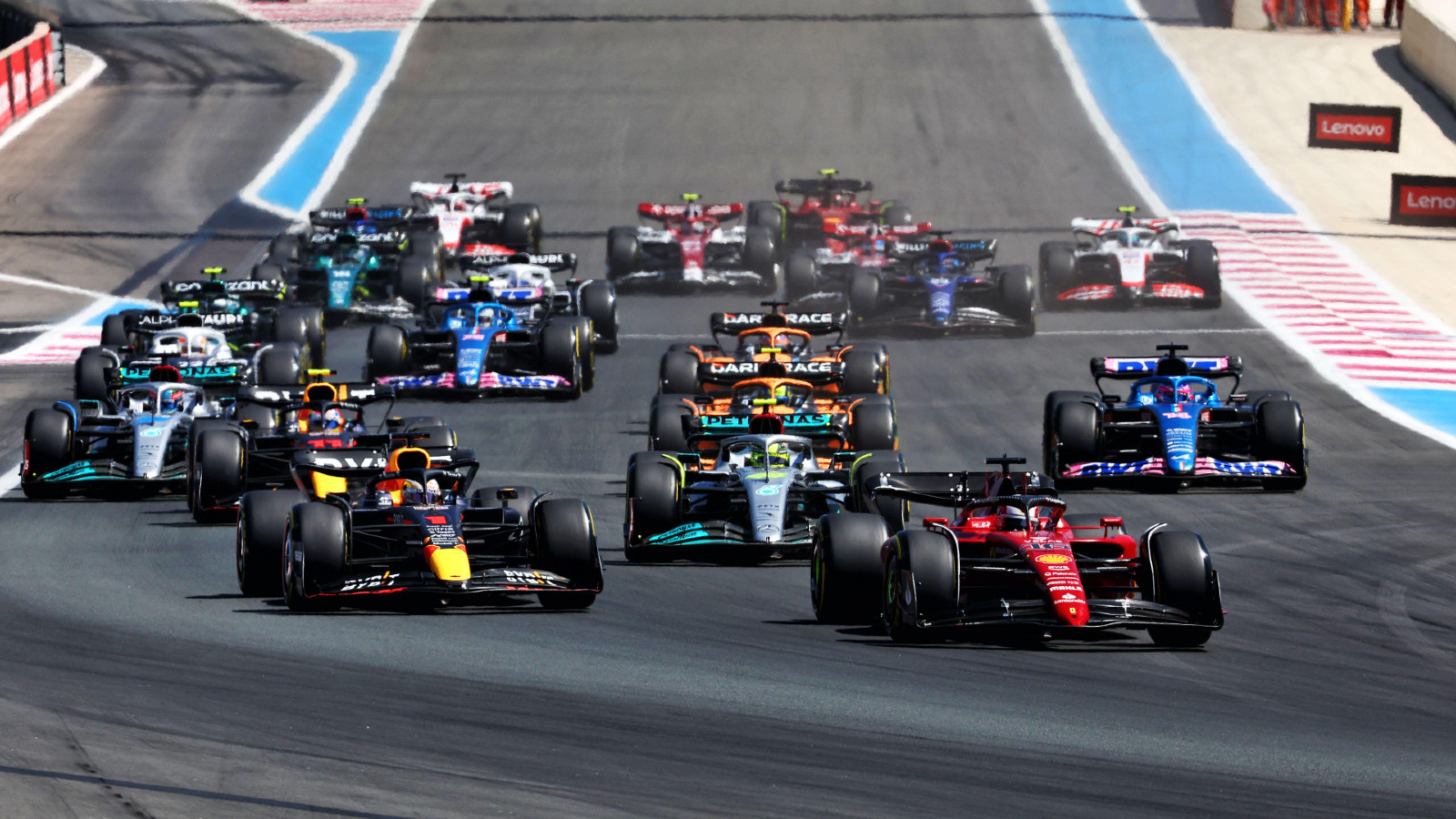 Ferrari's Charles Leclerc leads Red Bull's Max Verstappen into Turn 1 of the French Grand Prix. Paul Ricard, July 2022. results