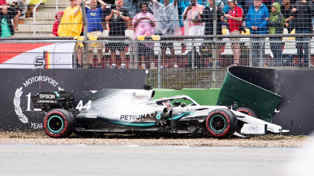 Mercedes' Lewis Hamilton crashes while leading 2019 German Grand Prix. Hockenheim, July 2019.