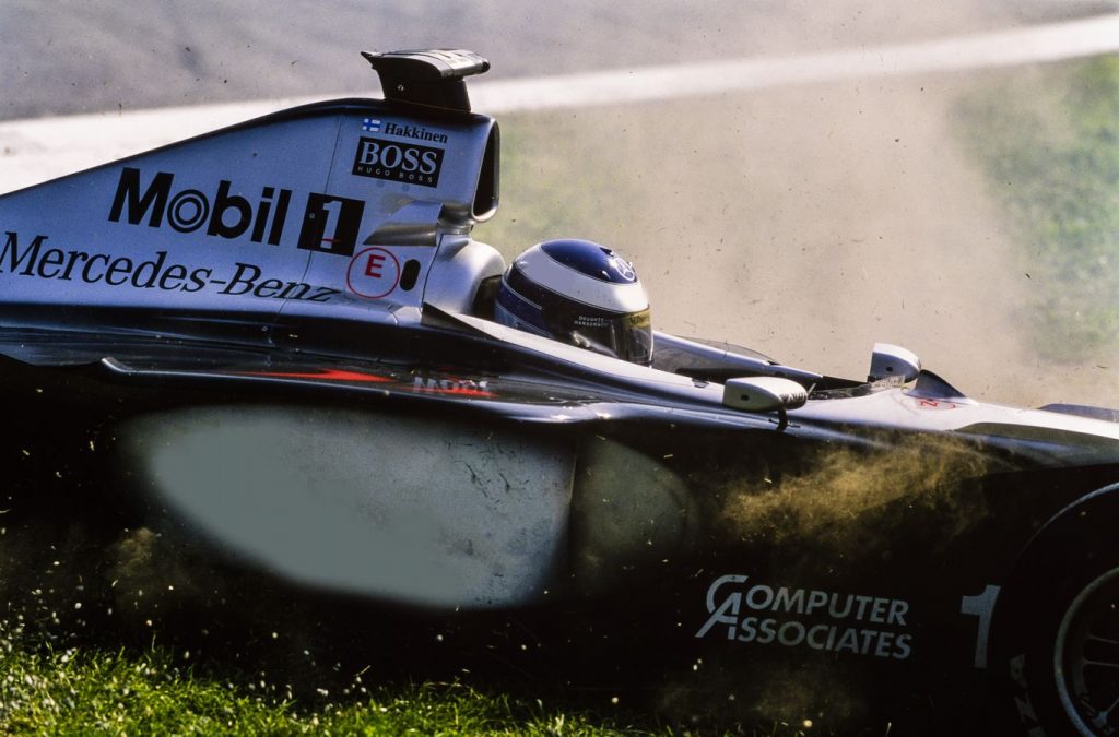 McLaren's Mika Hakkinen spins out of the 1999 Italian Grand Prix while leading. Monza, September 1999.