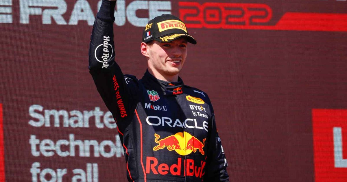 Max Verstappen with the P1 trophy aloft. Paul Ricard July 2022.