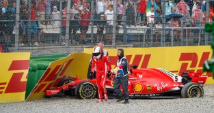 Sebastian Vettel, Ferrari, crashes out while leading. Hockenheim, July 2018.