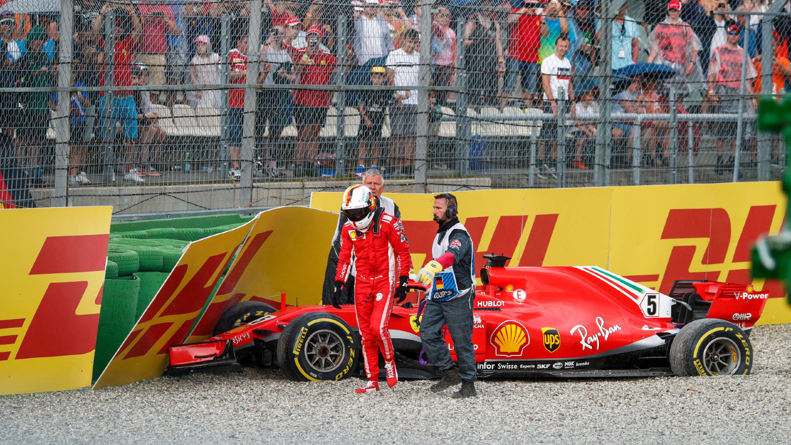 Sebastian Vettel, Ferrari, crashes out while leading. Hockenheim, July 2018.