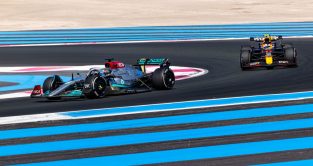 George Russell passes Sergio Perez for third place. French GP July 2022