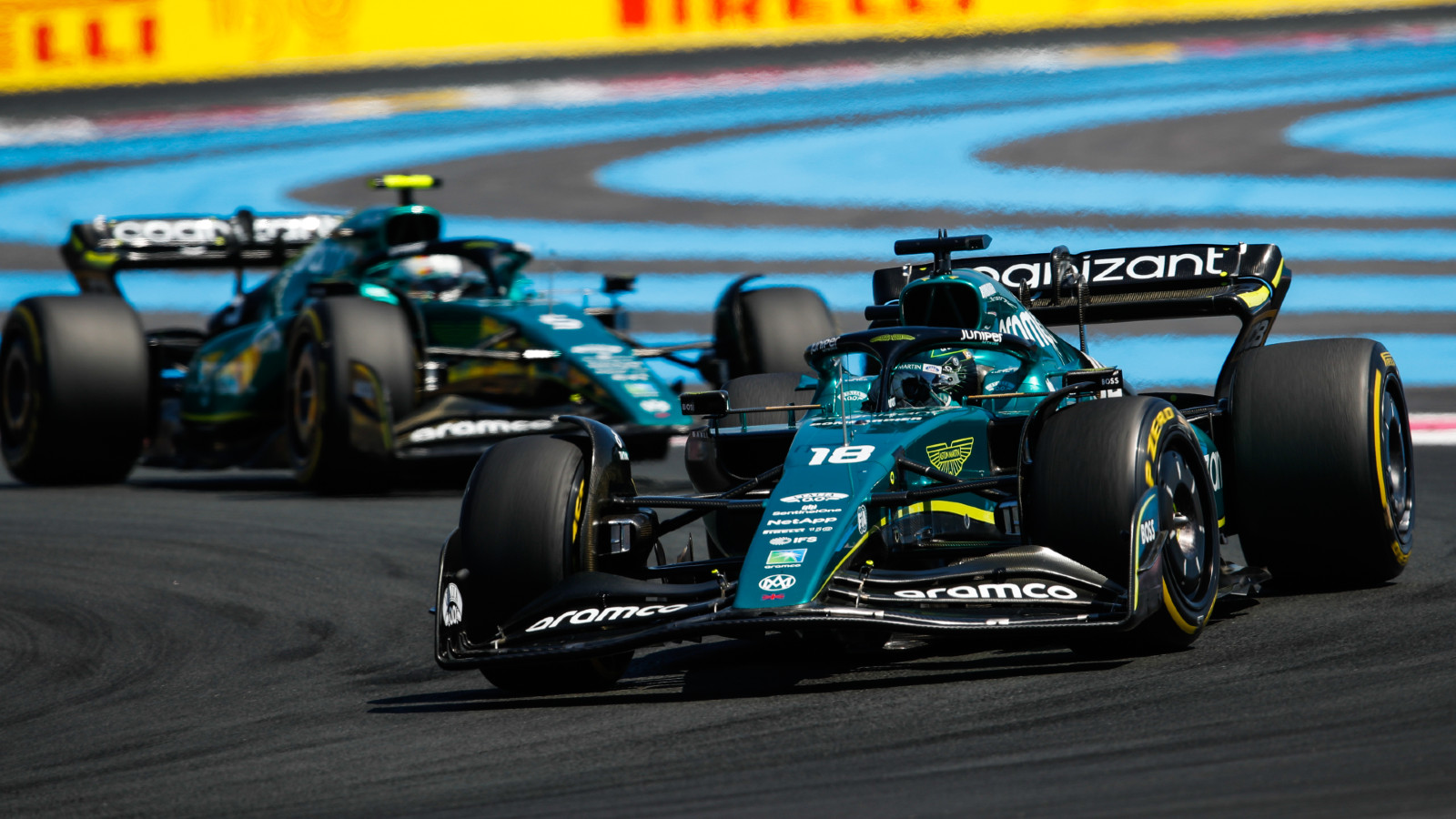 Aston Martin's Lance Stroll and Sebastian Vettel on track at the French Grand Prix. Paul Ricard, July 2022.