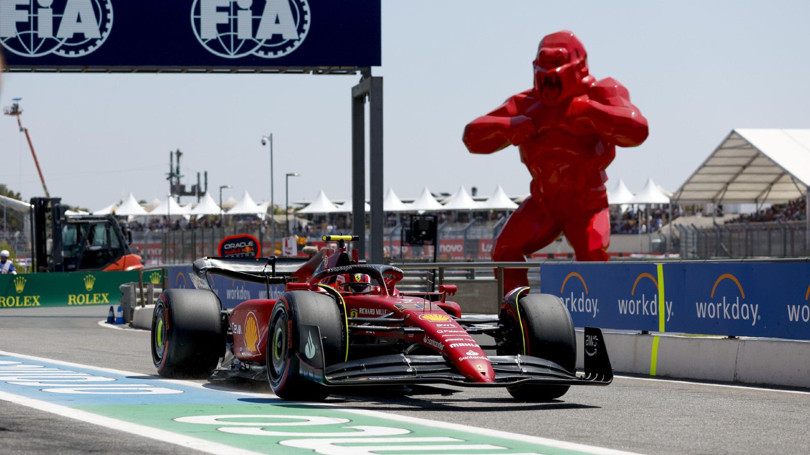 Ferrari's Carlos Sainz in the pits during the French Grand Prix. Paul Ricard, July 2022. Grid penalties