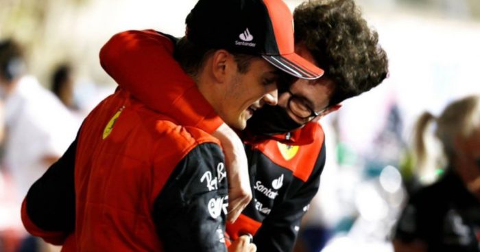 Mattia Binotto hugs Charles Leclerc after his victory in Bahrain. Sakhir March 2022.