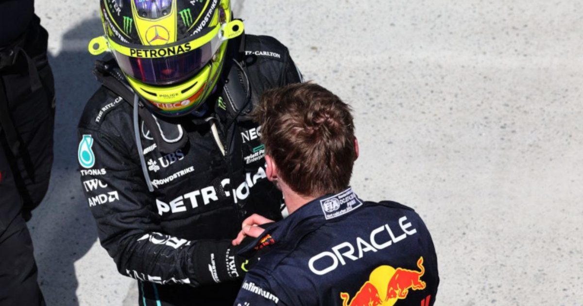 Lewis Hamilton shakes hands with race winner Max Verstappen in parc ferme. Canada June 2022