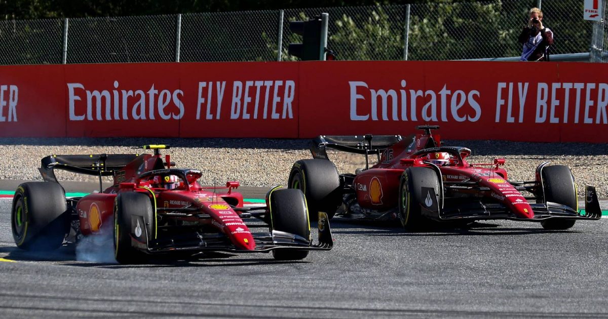 Ferrari duo Charles Leclerc and Carlos Sainz battle. Red Bull Ring July 2022.