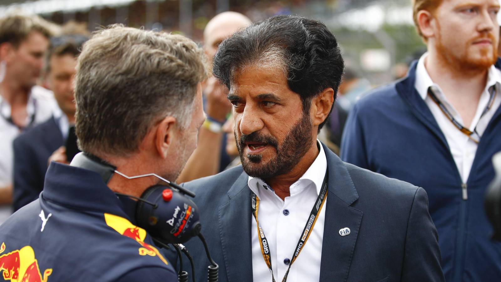 Christian Horner talking to Mohammed ben Sulayem. Silverstone July 2022.