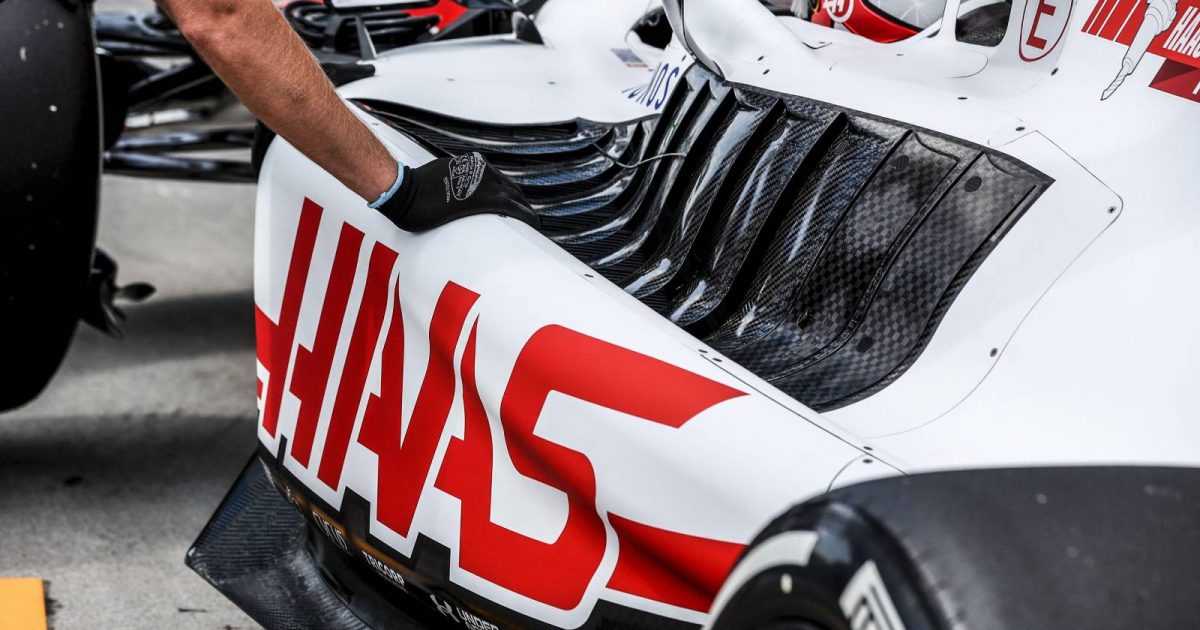 A close-up of the side of the Haas VF-22. Hungary, July 2022.