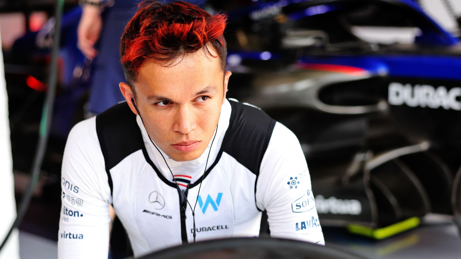 Alex Albon, Williams, looking serious. Hungary, July 2022.