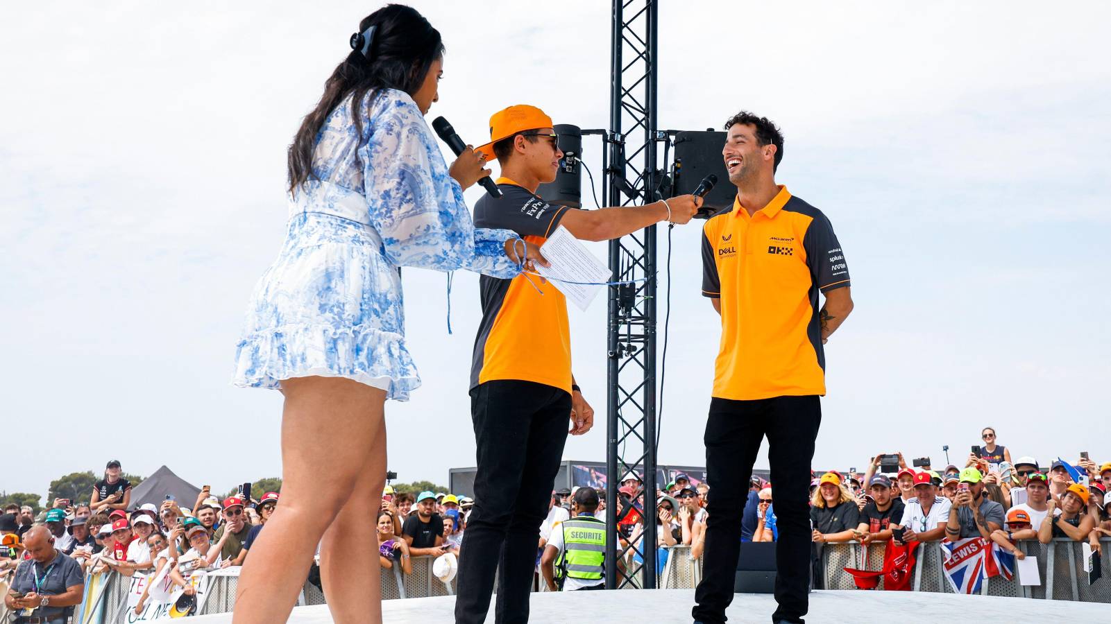 Lando Norris and Daniel Ricciardo being interviewed during a fans' event. Paul Ricard July 2022.