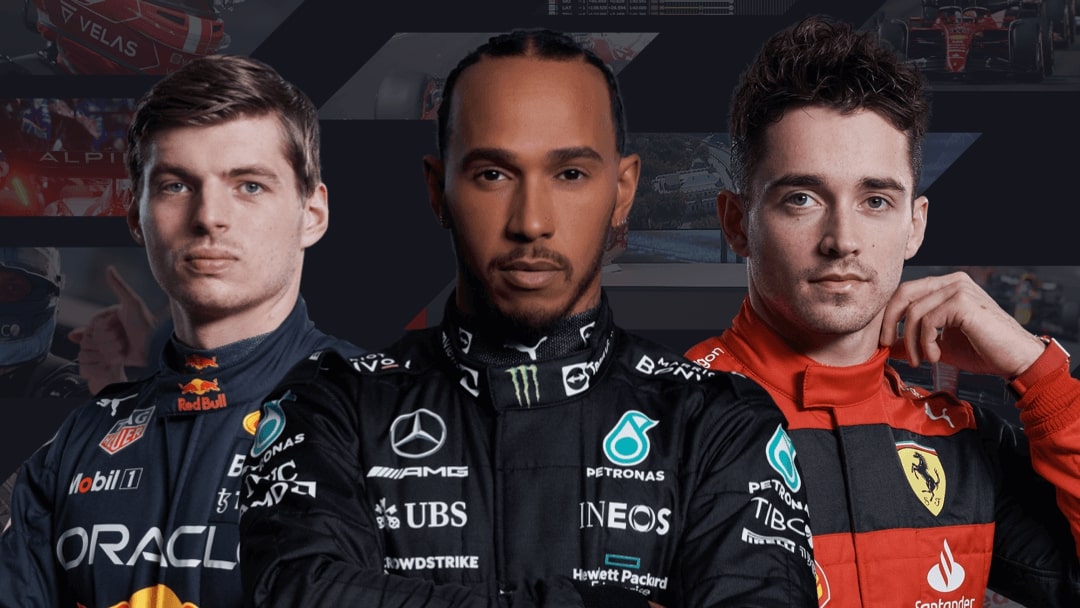 刘易斯·汉密尔顿（Lewis Hamilton），麦克斯·维斯塔彭（Max Verstappen）和查尔斯·莱克尔（Charles Leclerc）在F1TV Pro Promo中。