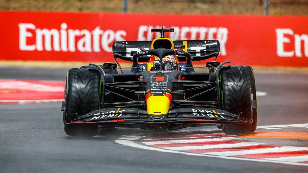 Max Verstappen in action at the Hungaroring. Budapest July 2022