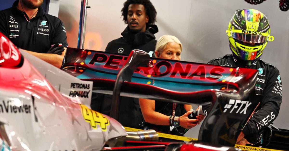 Lewis Hamilton stood behind his Mercedes. Hungary July 2022.