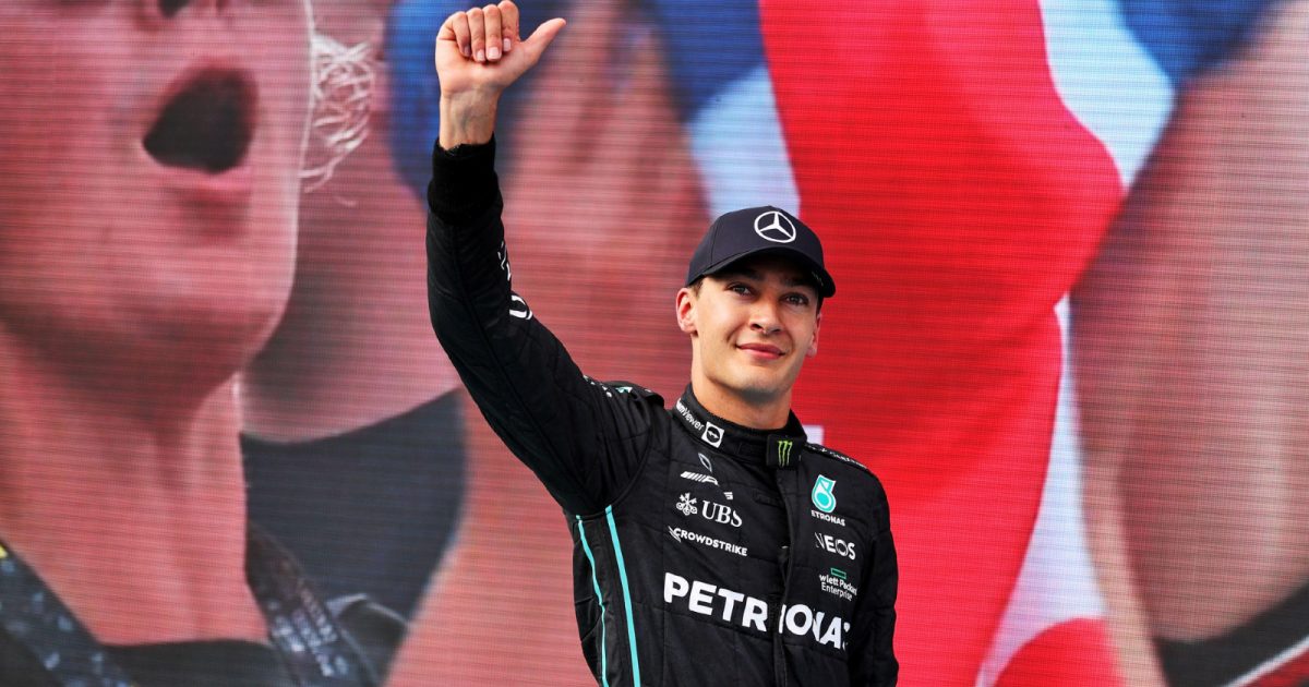 Mercedes' George Russell celebrates pole position at the Hungarian Grand Prix. Budapest, July 2022.